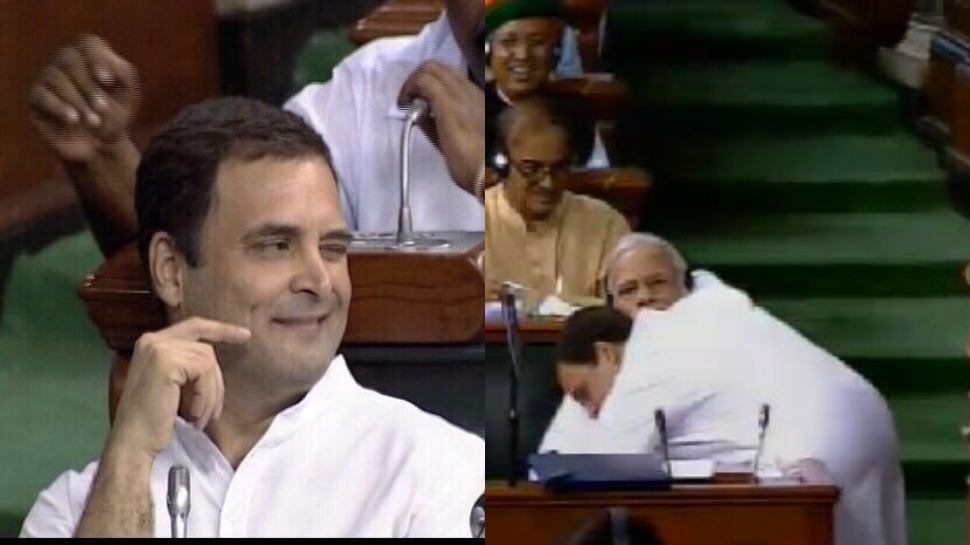 Rahul Gandhi Winks after hugging PM Modi